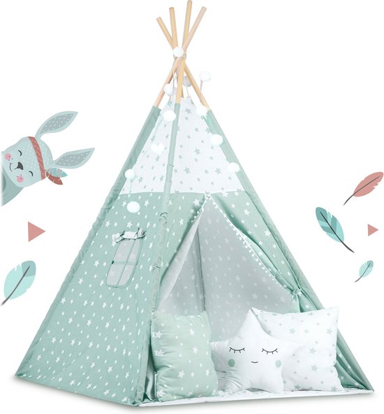 Tipi-tent voor kinderen met verlichting - mint met sterren