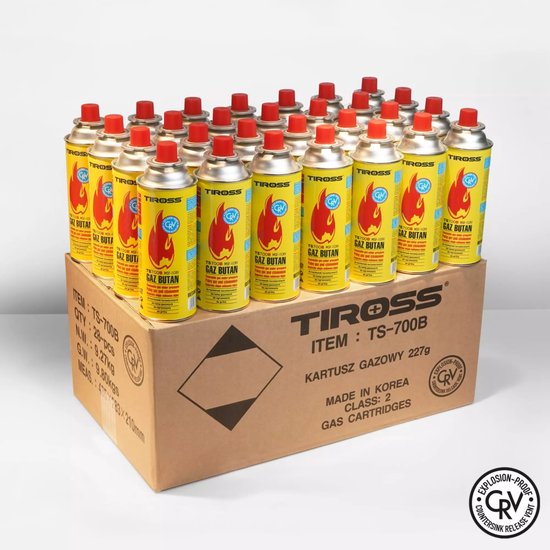 TIROSS Grote omdoos met 28 CRV gascartouches voor campingkooktoestel en noodpakket, explosieveilig volgens Europese EN417 norm van Merkloos