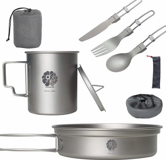 Titan Camping Set, Mok, Panbeker en Opvouwbaar Kampeerbestek inclusief Mes, Vork, Lepel en Draagtas. Titanium Producten, Lichtgewicht, Chic en Draagbaar.