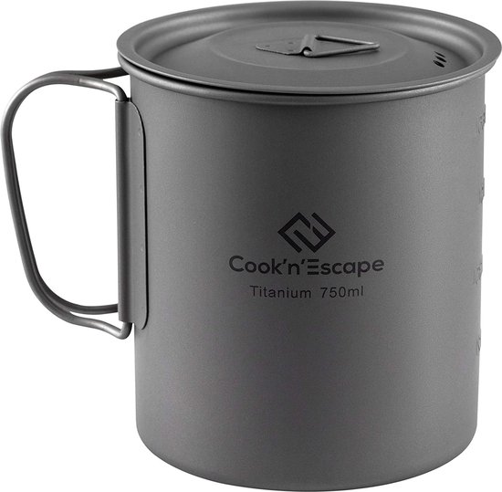 Titanium Camping Cup Met Deksel, Titanium pot, Cup Met opvouwbare handvat, 750ml, Servies, grote capaciteit, Lichtgewicht en draagbaar, voor Picknick, Outdoor Wandelen Rugzak