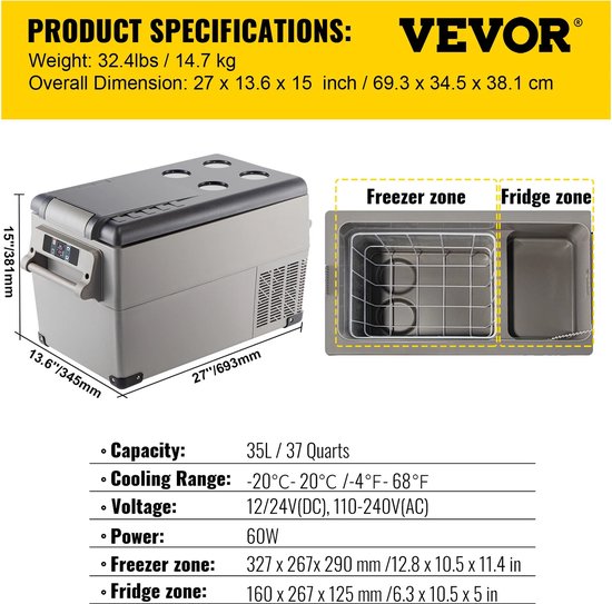 T&L Store® Koelbox Elektrisch - Koelbox Auto - Koelbox Elektrisch 12v/24v 110v/230v - 69x35x38cm - 35L van T&L Store®