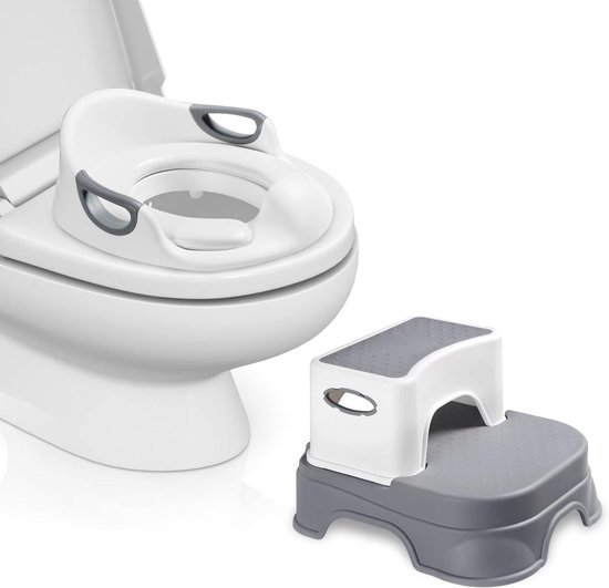 Toiletbril met opstapje voor kinderen - Potje met kruk - Kinderen van 1 tot 7 jaar - Kindertoilet - Babyzitje - Antislip bekleding - Wc-opzetstuk (grijs) van T