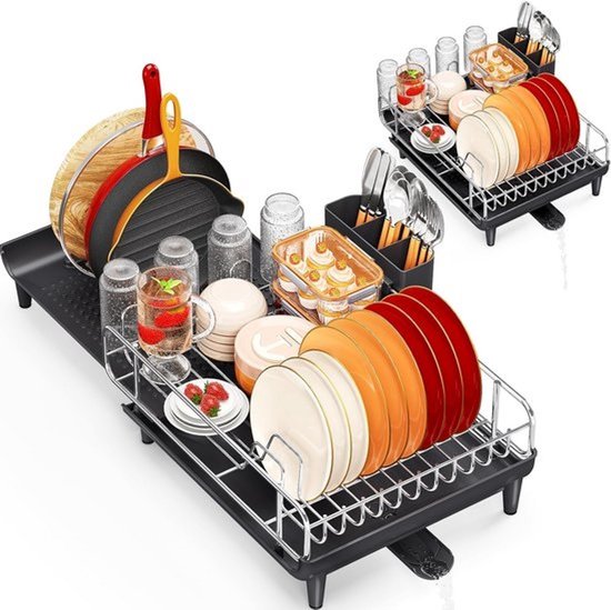 TOOLF Expandable Dish Rack, Countertop Dish Rack, Foldable Dish Rack, Stainless Steel Dish Racks with Cutlery Holder, Folding Drying Racks for Washing Dishes, Large Size, Black