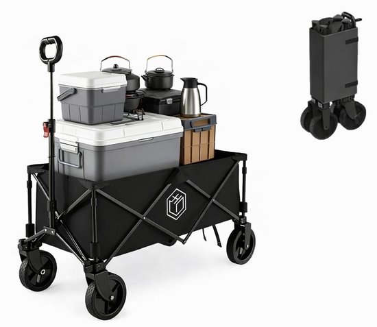 TopKwaliteit NL Bolderkar XL Opvouwbaar – 200 kg Draagkracht – 127L Inhoud – Draaibare Wielen met Rem – Verstelbare Hendel – Inklapbare Bolderwagen voor Camping, Strand, Festival, Boodschappen & Outdoor – Direct Gebruiksklaar (Geen Montage) –Zwart van Merkloos