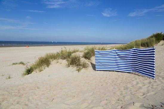 TOPPER!! Strand Windscherm Azur Blauw - Wit - 5 meter Sterk Dralon met 2 Delige Stokken 180 cm -Doekhoogte 140 cm - Tuin windscherm van T