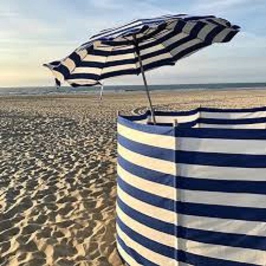 TOPPER!! Strand Windscherm Marine Blauw - Wit - 3 meter Sterk Dralon - 2 Delige Stokken - Hoogte 180 cm - Doekhoogte 140 cm - Tuinscherm van T