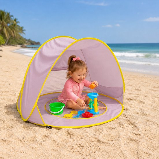 Torngat Baby Strandtent met Zwembad - Pop Up Speeltent - UV 50+ Bescherming - Strand, Tuin, Balkon & Camping - Windscherm - Kinder Speeltent - Pastel lila-roze