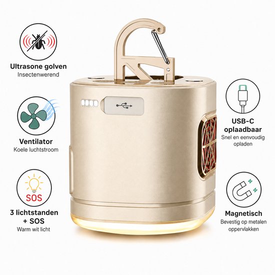 Torngat TentLight Pro LED Campinglamp - USB-C Oplaadbare Tentlamp & Noodlamp met Ventilator, SOS-Licht, Powerbank en Ultrasone Functie - Voor Camping, Tent, Caravan, Auto, Tuin & Stroomuitval - 1200mAh - Champagne Goud