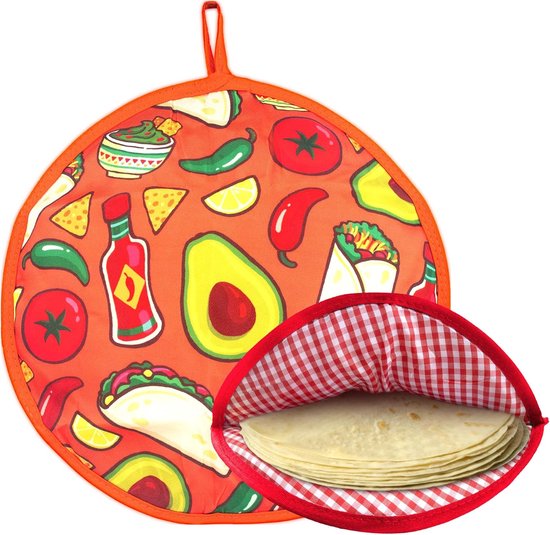 Tortilla Warmer Zak 30 cm - Geïsoleerde Tas voor Taco's en Wraps - Magnetron Veilig - Houdt Voeding 90 Minuten Warm - Geschikt voor Naan en Pizza - Oranje Design - Feestelijke Keukenaccessoire van Baketivity
