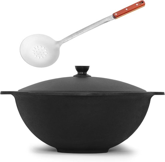 Traditionele Gietijzeren Kazan 12L met Aluminium Deksel en Schuimspaan - Perfect voor Buiten Koken en Grillen