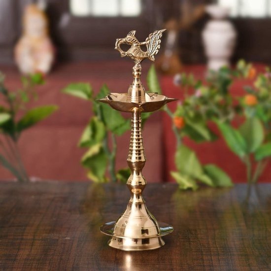 Traditionele Messing Olielamp Pauw - Indiase Samai Diya voor Diwali en Feesten