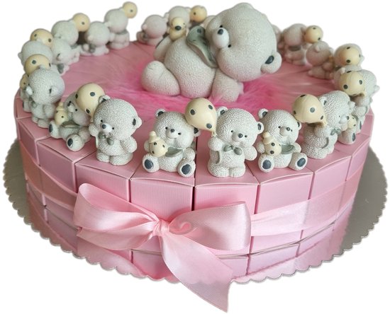 traktatie taart 24 doosjes roze met beertjes en spaarpot voor geboortefeest of babyshower uitdeel bedankje