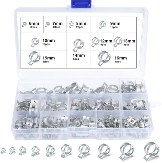 TRANKIELO® - 110 Veer Slangklemmen Set - Verstelbare Brandstofleiding Klemmen van 6-16mm - Duurzaam 65Mn Veerstaal - Ideaal voor Luchtslang, Afvoerslang, en meer" van TRANKIELO®