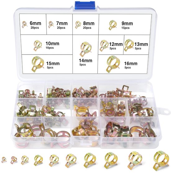 TRANKIELO® – Veer Slangklemmen Set van 110 Stuks – Verstelbare Klemmen voor Brandstofleiding, Luchtslang & Afvoerslang – Duurzaam 65Mn Veerstaal – 6-16mm Maten van Merkloos