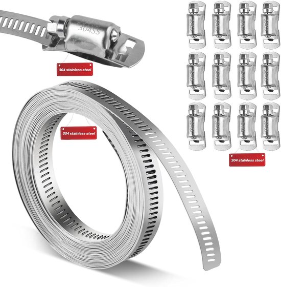 TRANKIELO® – Verstelbare RVS Slangklemmen Set 5M – 304 Roestvrij Staal Klemmen voor Water/Gas Pijp/Auto/Vacuüm Slang – Inclusief 12 Schroef Klemmen van Merkloos
