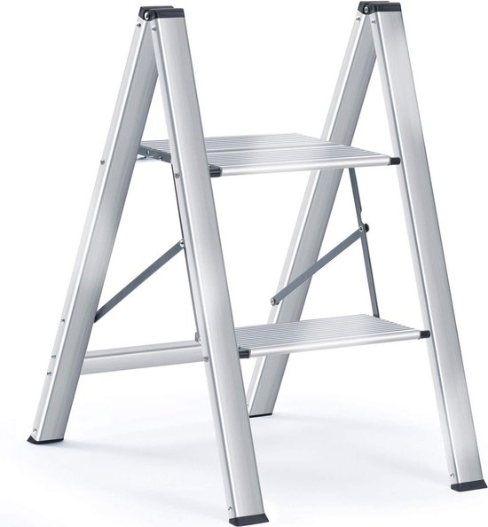 Trap ladder 2 treden aluminium - Draagbare opstapkruk - Antislip veiligheid - Inklapbaar trapje - Opvouwbare huishoudelijke ladder voor thuis keuken - Zilver