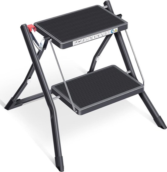 Trap Ladder 2 Treden Draagbaar - Groot Platform - Slanke Huishoudtrap van Staal - Opvouwbaar Opstapje - Thuis Keuken Zwart van T