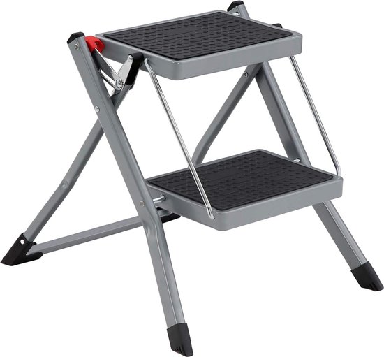 Trapladder 2 treden inklapbaar - 20 cm breedte - antislip rubber - handgreep - belasting 150 kg - grijs en zwart van T