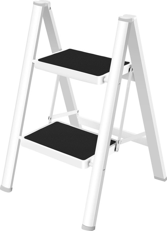Trapladder, 2 treden, inklapbaar, ladder met breed anti-slip pedaal, opstapkruk met 150 kg capaciteit, wit van T