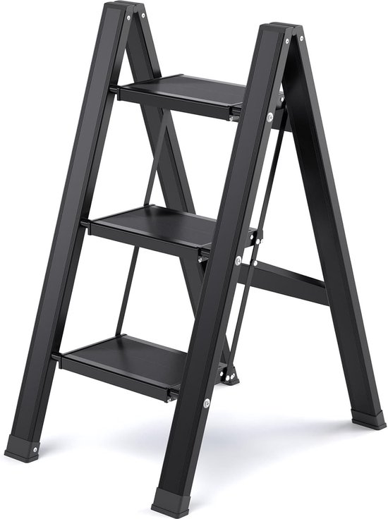 Trapladder, 3 treden, inklapbaar, aluminium vouwladder, draagbare vouwladder met breed anti-slip pedaal, opvouwbare huishoudladder, lichte ladder, draagvermogen 150 kg, zwart van T