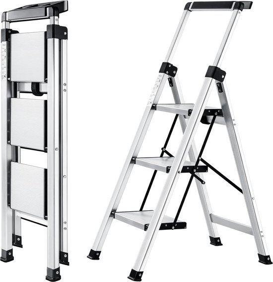 Trapladder met Handrail en Gereedschapskist - Aluminium Opstapje - Antislip - Opvouwbaar - Lichtgewicht - Draagbaar - Draagvermogen tot 150 kg - 3 Treden van T