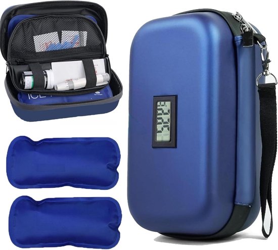 Travel Case voor Insuline met Temperatuurweergave, 2 Ice Packs en Medicine Cooler in Blauw - Ideaal voor Diabetische Pen - Opbergdoos voor Medicatie-on-the-go. van Merkloos