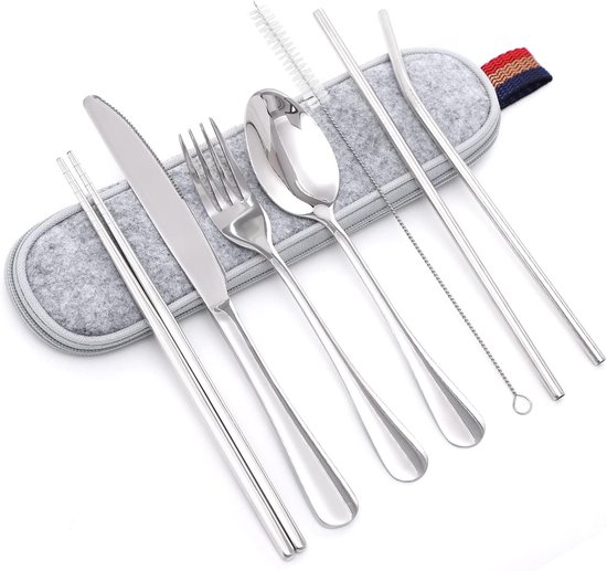 Travel Cutlery Set of 8 - Travel and Picnic Tableware for 1 Person - Dishwasher Safe - Includes Knife, Fork, Spoon, Chopsticks, Cleaning Brush, Straw with Carry Bag, Light-resistant (Silver)