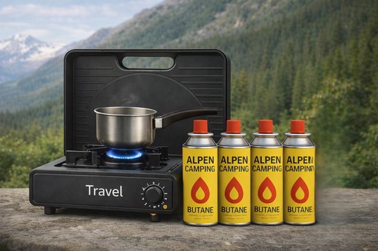 Travel Draagbaar Camping Gasfornuis Set – Inclusief 4 Butaan Gasflessen – Compact Kooktoestel voor Camping, Outdoor & Noodgebruik van Merkloos
