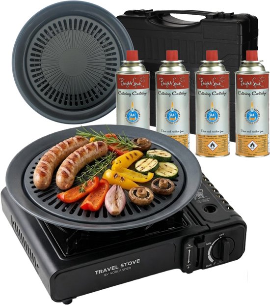 Travel Stove Camping Kooktoestel - Grillplaat - Incl. 4x Gasbussen - Draagbare 1-Pits Gasbrander - Draagkoffer - Noodpakket van Merkloos