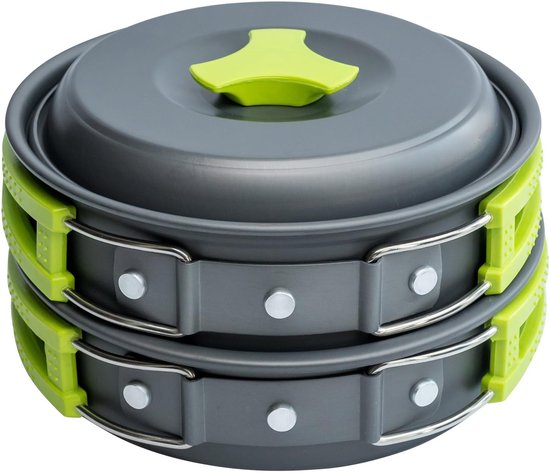 Travelhawk Camping kookgerei set - Pannenset - Aluminium - 8 delig - Camping Pannenset - Inclusief Spons, Spatel, Lepel, Kommen en Handige Draagtas van Merkloos