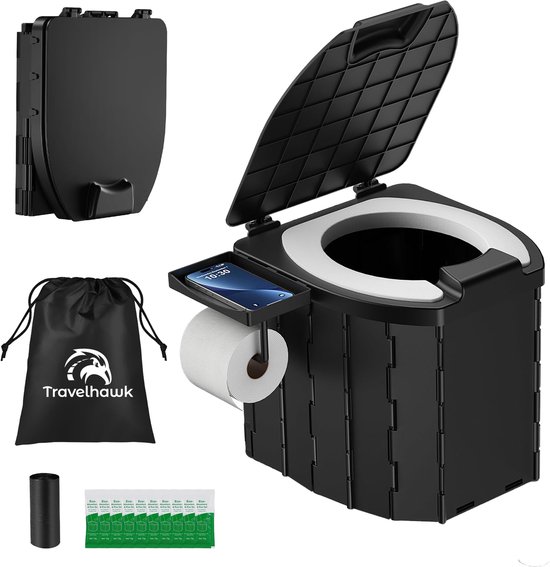 Travelhawk Camping Toilet – Toiletemmer – Draagbaar & Opvouwbaar – Inclusief 12 Biologisch Afbreekbare Zakjes en 10 Absorptie Zakjes – Ideaal voor Kamperen, Festivals & Outdoor van Merkloos