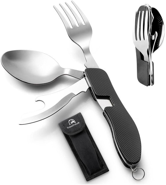 Travelhawk Campingbestek - Inklapbaar - Roestvrij Staal - Vork, Lepel, Opener en Mes - 4-in-1 - Surival van Merkloos