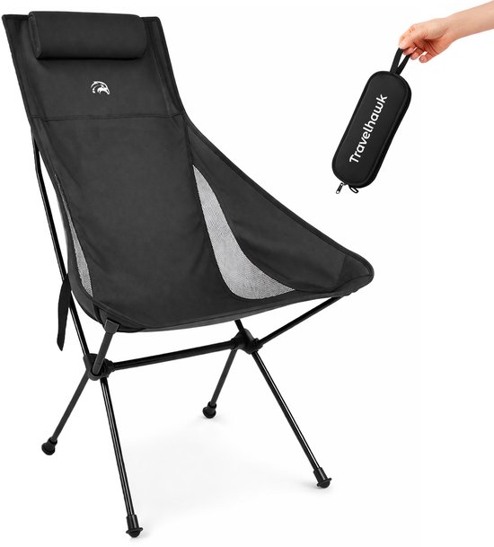 Travelhawk Campingstoel - Visstoel - Vouwstoel - Opvouwbaar - Inklapbaar - Lichtgewicht - Hoge Neksteun - Zwart