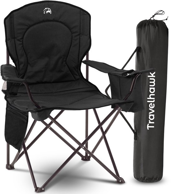 Travelhawk Campingstoel XL - Opvouwbaar - Comfortabele Vouwstoel - 158 kg draagvermogen - Drankhouder - Koelvak - Visstoel - Klapstoel - Zwart van Travelhawk