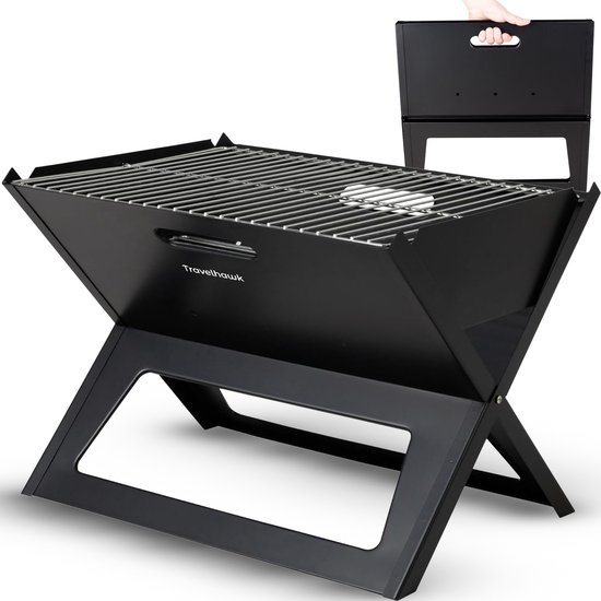 Travelhawk Houtskool BBQ - Barbecue Houtskool - Opvouwbaar - 44x32cm Grilloppervlak - Gelegeerd Staal - Zwart van Travelhawk
