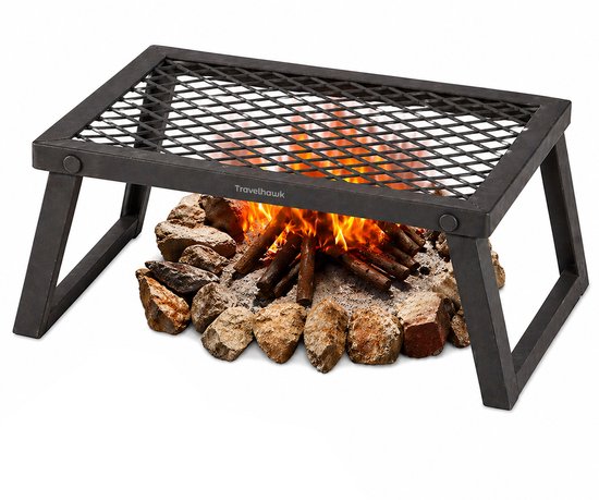 Travelhawk Opvouwbare Camping Grill - BBQ - Koken Boven Open Vuur - Camping accessoires barbecue - Grillen - Gelegerd Staal - Zwart van Merkloos