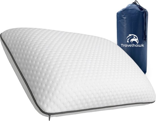 Travelhawk Reiskussen - Kampeerkussen - Nekkussen - Mini Hoofdkussen - Memory Foam - Inclusief Opbergtasje – Compact & Ademend – 55x36x11cm van Travelhawk