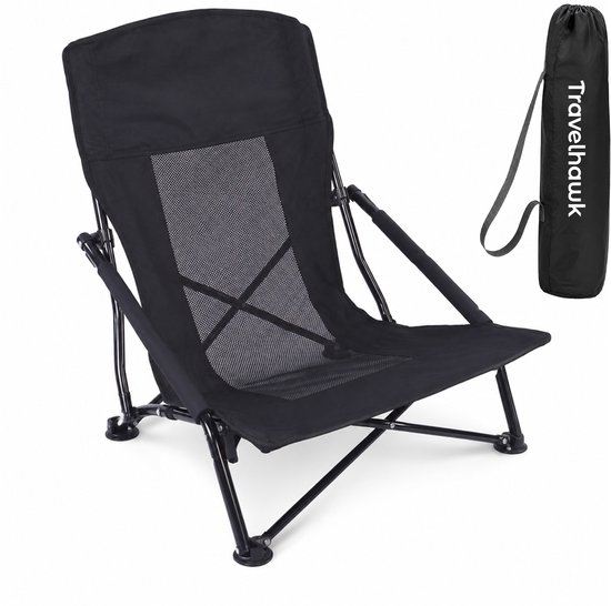 Travelhawk Strandstoel - Inklapbaar en Opvouwbaar - 120KG Draagkracht - Lichtgewicht - Zwart