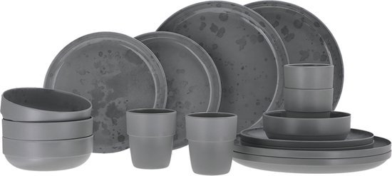 Travellife Palma Camping Serviesset dark grey 16-delig - met anti-slip - Keramiek look - Stevig en krasbestendig melamine van Travellife