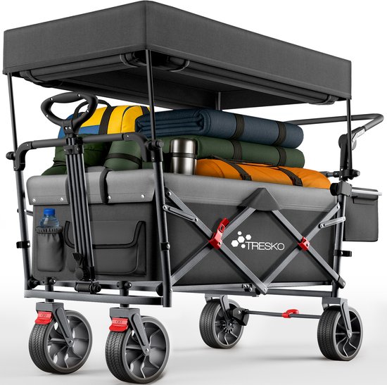 TRESKO® Opvouwbare bolderkar met dak, koelvak en zijrolgordijnen | Handwagen maximaal belastbaar tot 150 kg | Transportwagen met massief rubberen banden en vastzetrem (voor en achter) en 3-punts