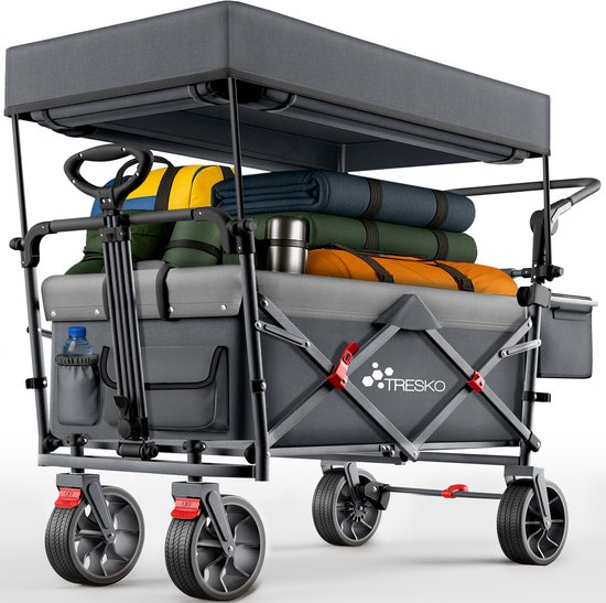TRESKO® Opvouwbare bolderkar met dak, koelvak en zijrolgordijnen | Handwagen maximaal belastbaar tot 150 kg | Transportwagen met massief rubberen banden en vastzetrem (voor en achter) en 3-punts
