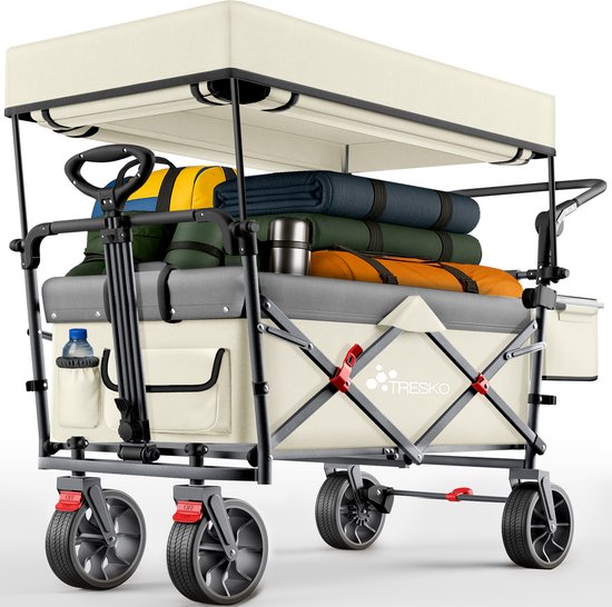 TRESKO® Opvouwbare bolderkar met dak, koelvak en zijrolgordijnen | Handwagen maximaal belastbaar tot 150 kg | Transportwagen met massieve rubberen banden en vastzetrem (voor en achter) en 3-punts van Merkloos