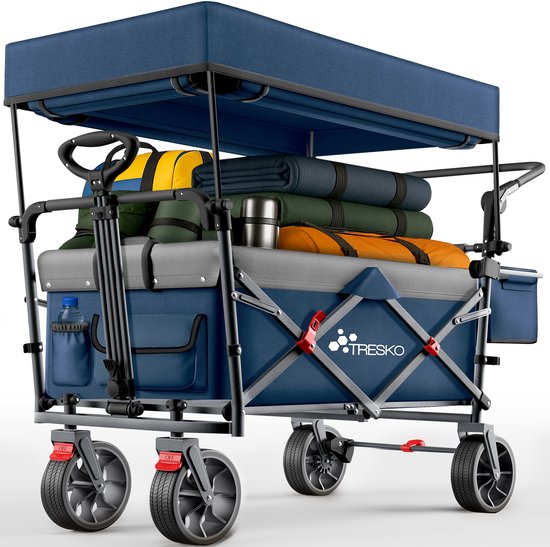 TRESKO® Opvouwbare bolderkar met dak, koelvak en zijrolluiken, handwagen, max. belastbaar tot 150 kg, transportwagen met massief rubberen banden en parkeerremmen (voor en achter) en 3-punts gordel