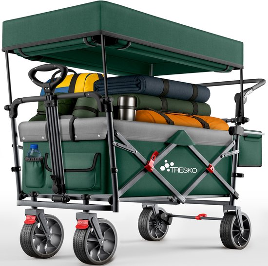 TRESKO® Opvouwbare bolderkar met dak, koelvak & zijrolgordijnen | Handwagen maximaal belastbaar tot 150 kg | Transportwagen met massieve rubberen banden & vastzetrem (voor & achter) en 3-punts