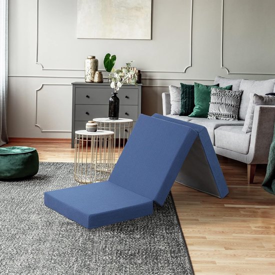 Tri-Folding schuimmatras, 10 cm, gastenmatras, vouwmatras, draagbaar matras, Öko-Tex-gecertificeerd, CertiPUR-US, 2 lagen, blauw, 65 x 195 cm van T