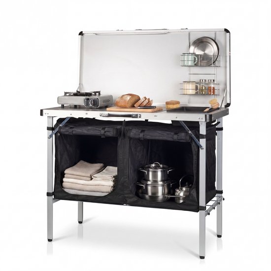 Tristar Campingkeuken – Opvouwbaar - 100x50cm – Met Gootsteen – Aluminium Frame - Campingkast en Buitenkeuken – Inclusief Draagtas – Verstelbare Poten - KI-0825 van Merkloos