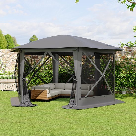 Triumpunpre Pop-up Tuinpaviljoen Zeshoekig 3,6x3,6m - Opvouwbare Partytent Gazebo met 6 Afneembare Zijwanden & Muggengaas - 210D Polyester Waterafstotend UV-Beschermd - Inclusief Opbergtas - Grijs