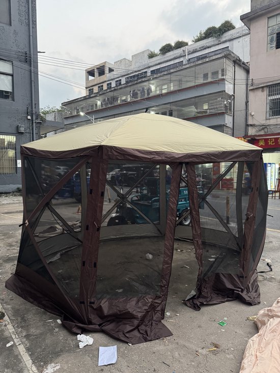 Triumpunpre Pop-up Tuinpaviljoen Zeszijdig 3,6x3,6m - Opvouwbare Gazebo met 6 Zijwanden & Muggengaas - Overkapping met Dakrand - 210D Polyester - snel opzetten - Beige/Khaki - voor Tuin, Terras, Camping, Feest & Barbecue