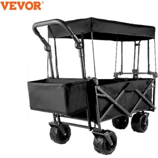 Trolley - Luxe Grote Zwarte Bolderkar - Opvouwbaar Luchtbanden - Tuinkar Kindervervoer - Strandkar met Dak - 100Kg Draagvermogen - 100x55cm van T