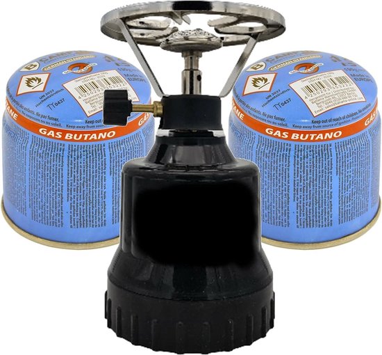 TronicXL Gasfornuis campingkooktoestel, mobiel, draagbaar, kooktoestel, noodkooktoestel 1-vlammige aluminium brander + 2x cartouche gasfles butaanset Gasfornuis met patroon 2x gasfles camping kooktoestel kookset van TronicXL